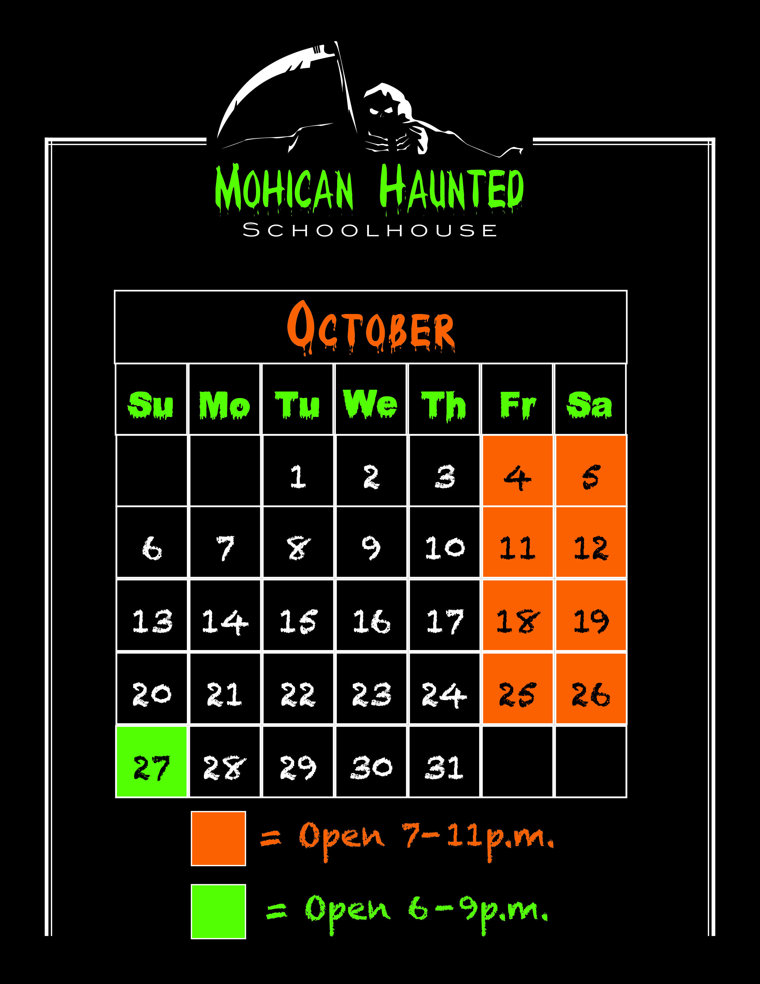 2024 Haunted Schoolhouse October Calendar