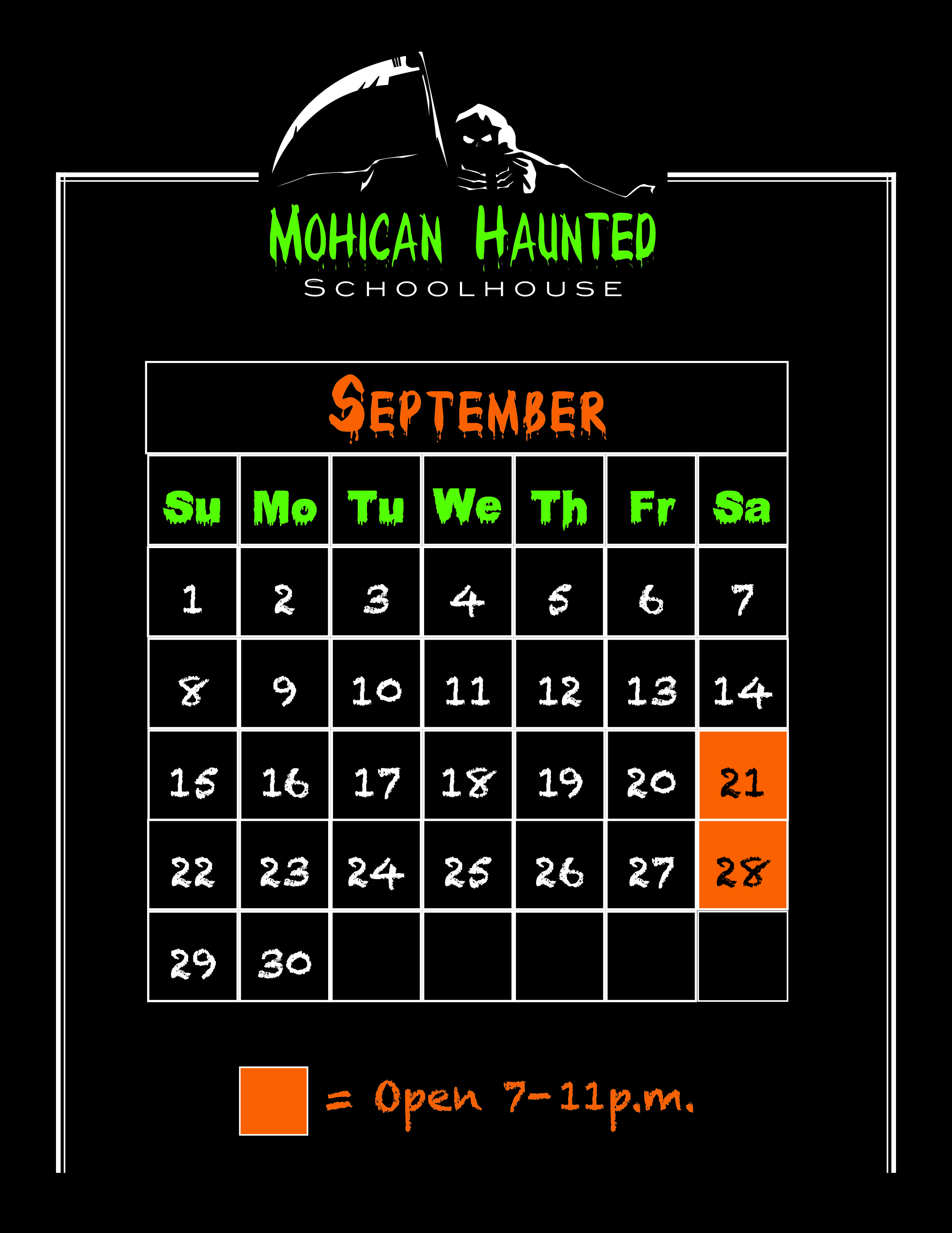 2024 Haunted Schoolhouse September Calendar